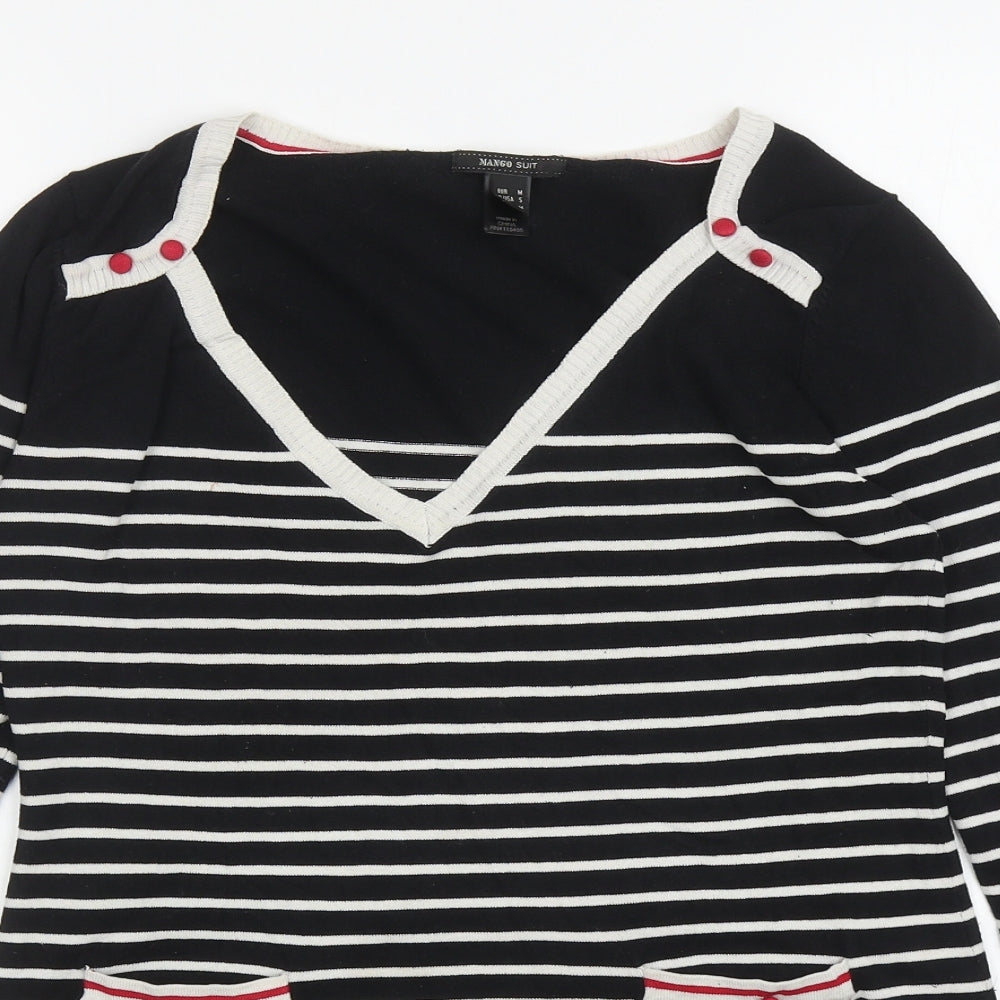 Mango Womens Black V-Neck Striped Silk Pullover Jumper Size M