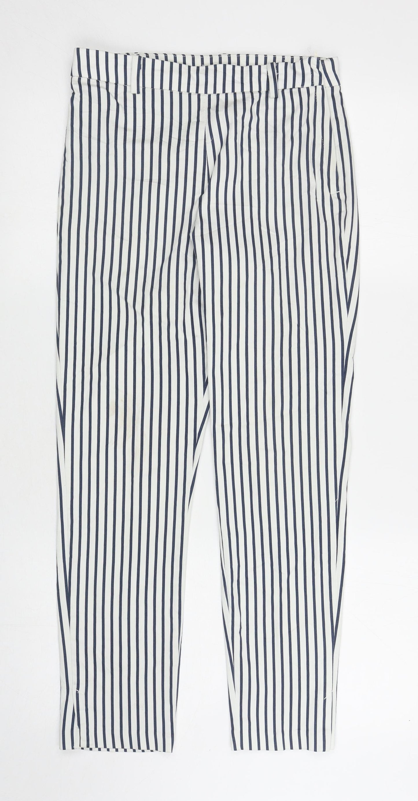 H&M Womens White Striped Cotton Carrot Trousers Size 8 L26.5 in Regular Zip