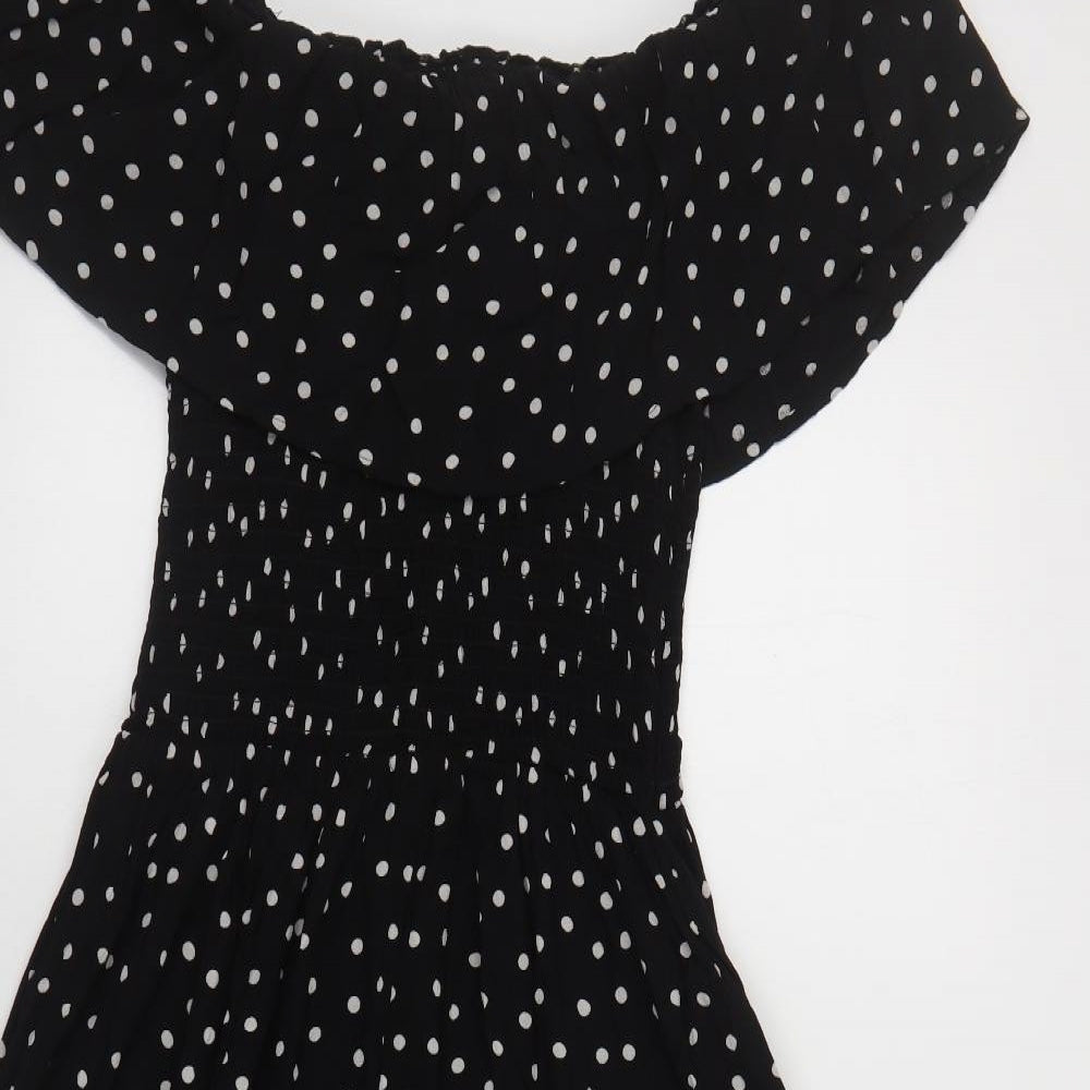 NEXT Womens Black Polka Dot Viscose Fit & Flare Size 10 Off the Shoulder Pullover