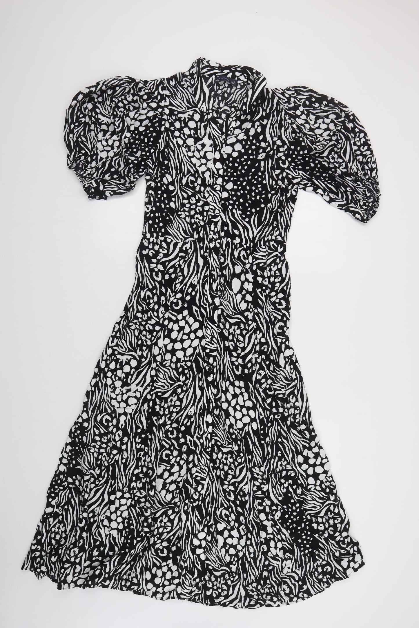Marks and Spencer Womens Black Animal Print Viscose Shirt Dress Size 8 Collared Button