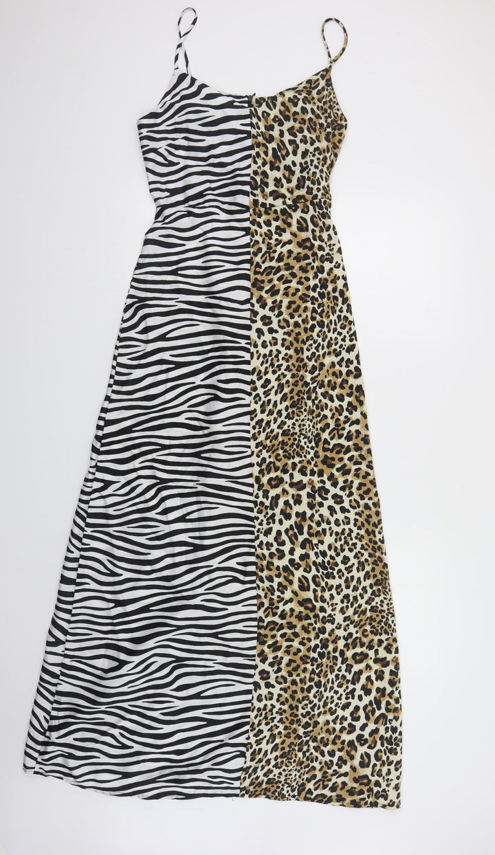Boohoo Womens Black Animal Print Polyester Maxi Size 6 V-Neck Zip