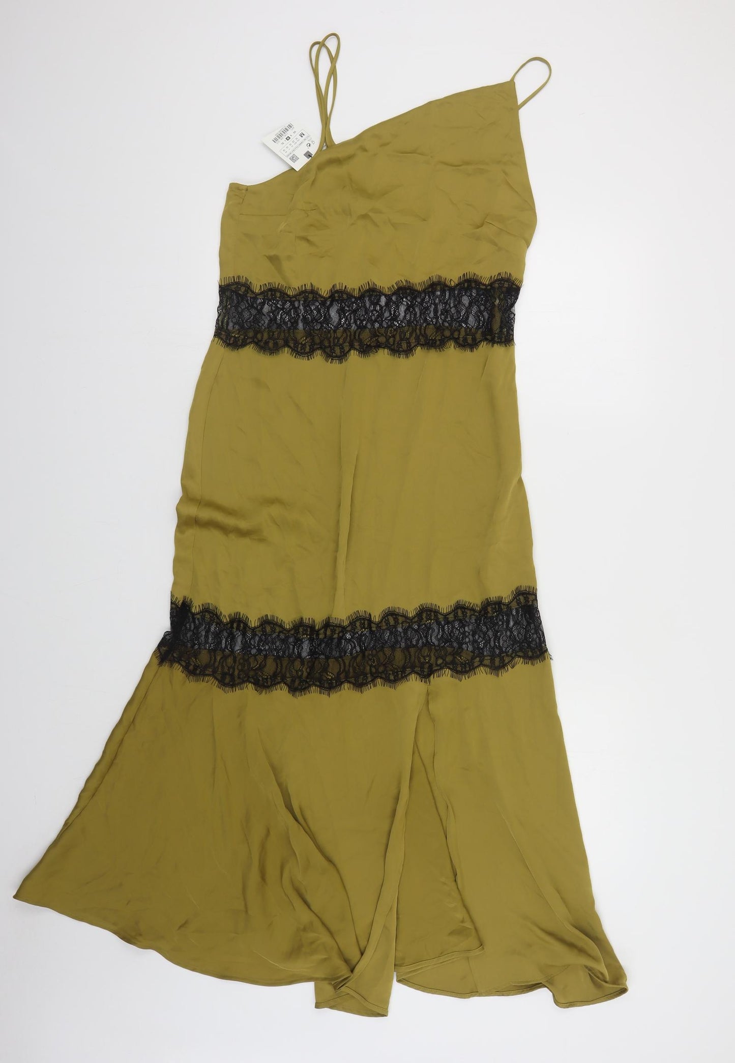 Zara Womens Green Polyester Slip Dress Size M Square Neck Zip - Lace Detail