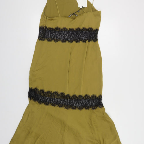 Zara Womens Green Polyester Slip Dress Size M Square Neck Zip - Lace Detail