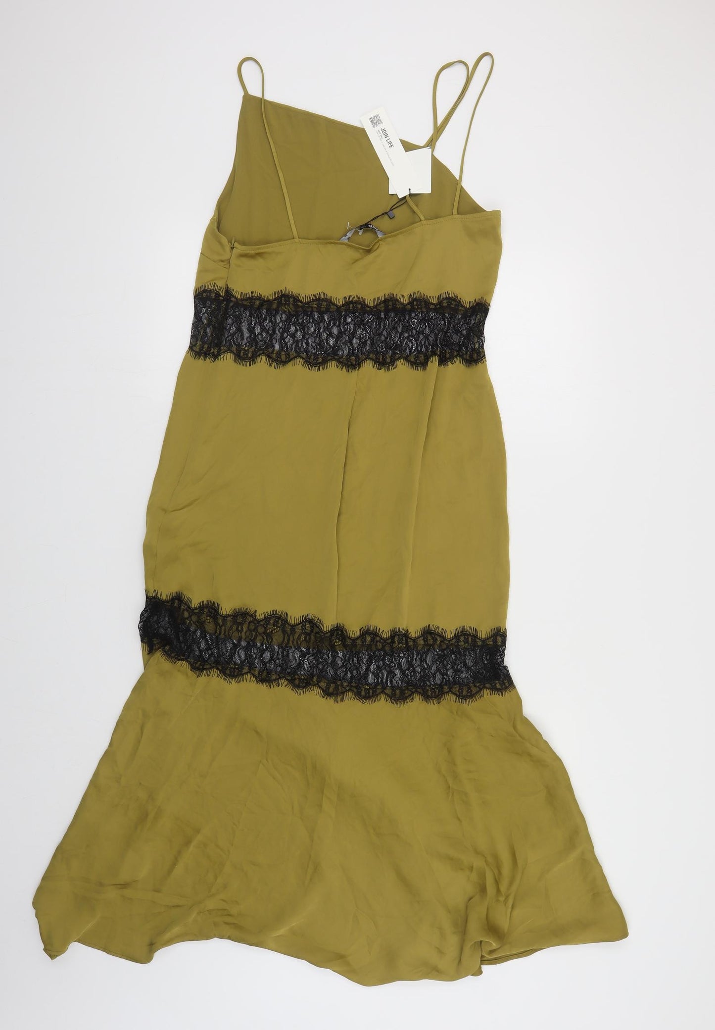 Zara Womens Green Polyester Slip Dress Size M Square Neck Zip - Lace Detail