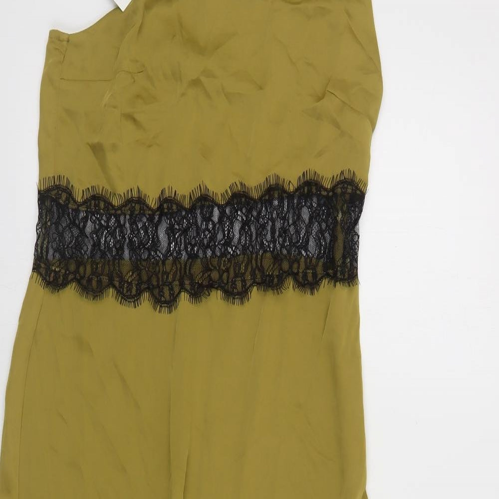 Zara Womens Green Polyester Slip Dress Size M Square Neck Zip - Lace Detail