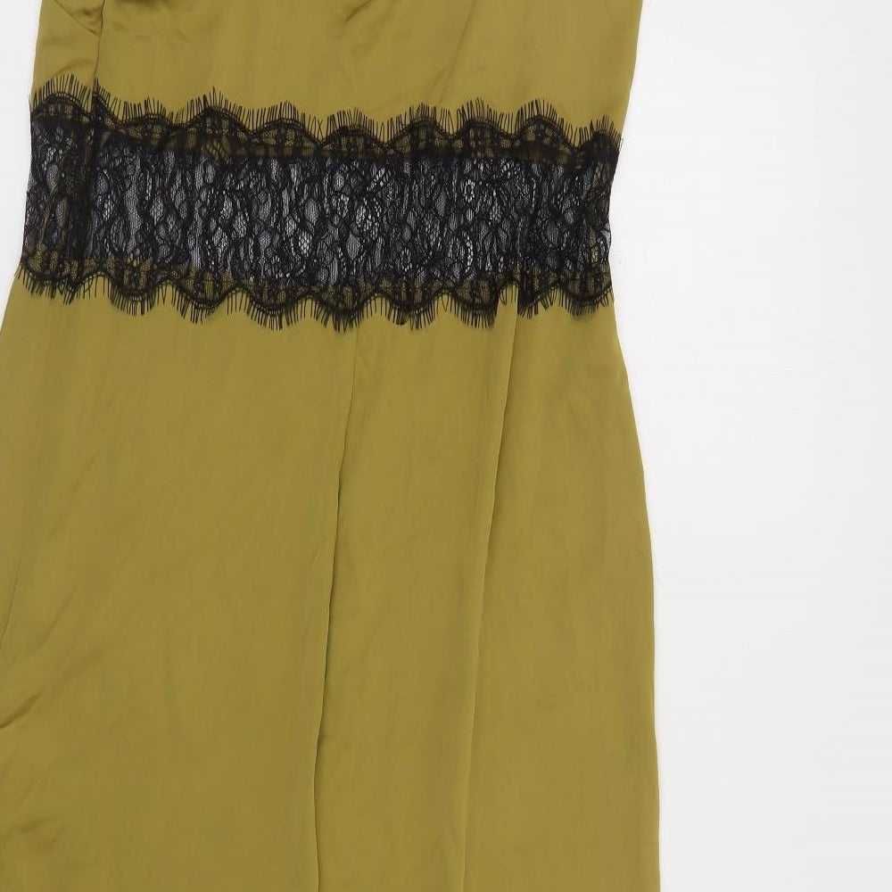 Zara Womens Green Polyester Slip Dress Size M Square Neck Zip - Lace Detail