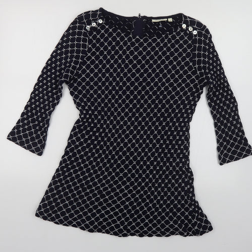 Adini Womens Blue Geometric Cotton Tunic Blouse Size M Boat Neck