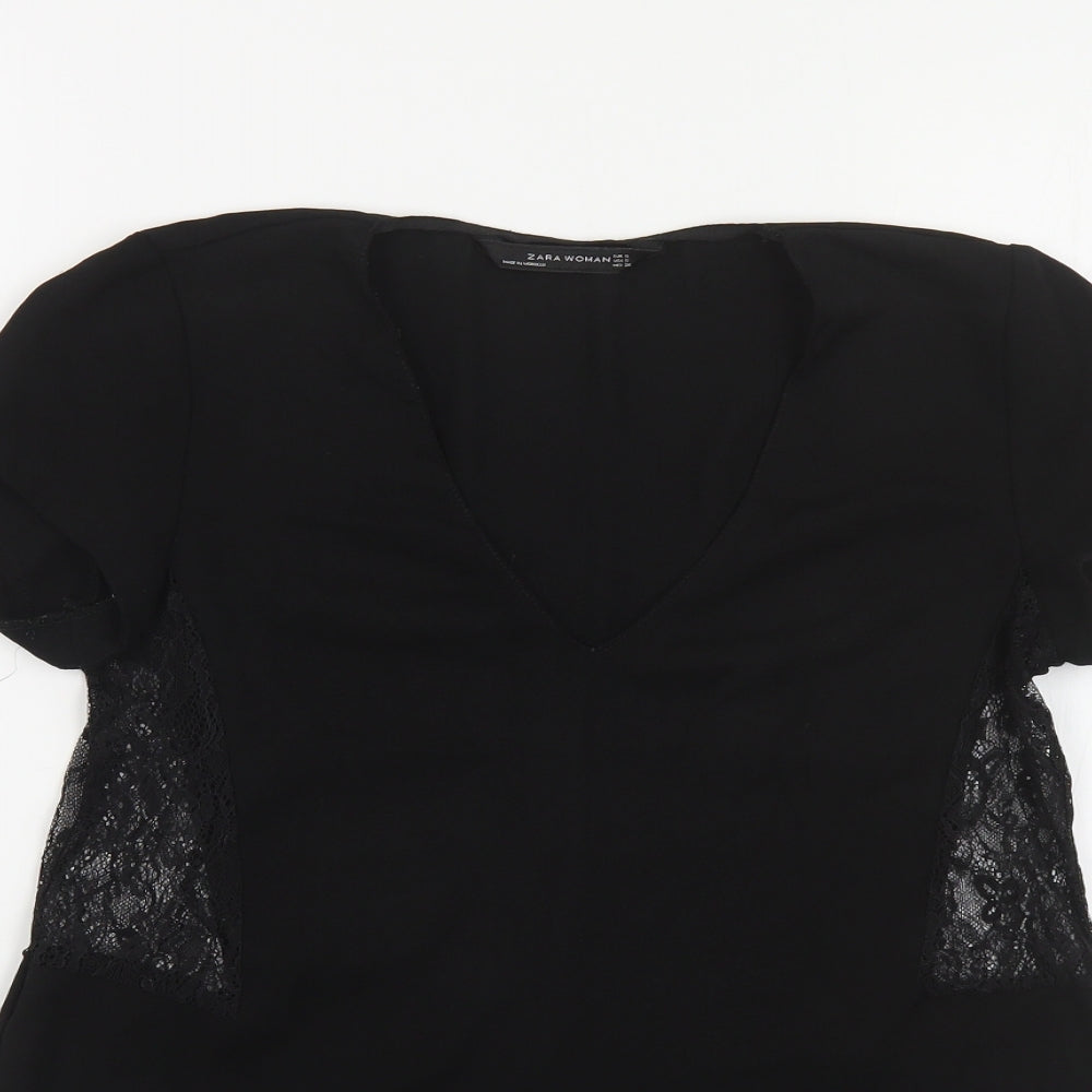 Zara Womens Black Polyester Basic Blouse Size S V-Neck - Lace Detail