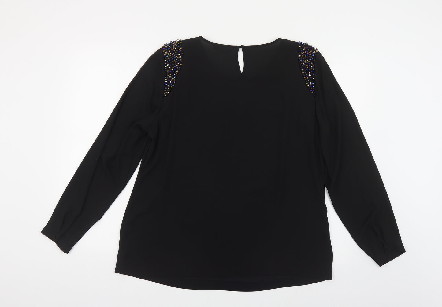 Marks and Spencer Womens Black Polyester Basic Blouse Size M Round Neck - Embellished Shoulders
