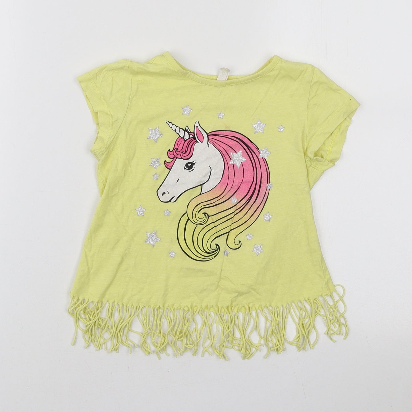 Defacto Girls Yellow Cotton Basic T-Shirt Size 5-6 Years Round Neck Pullover - Unicorn