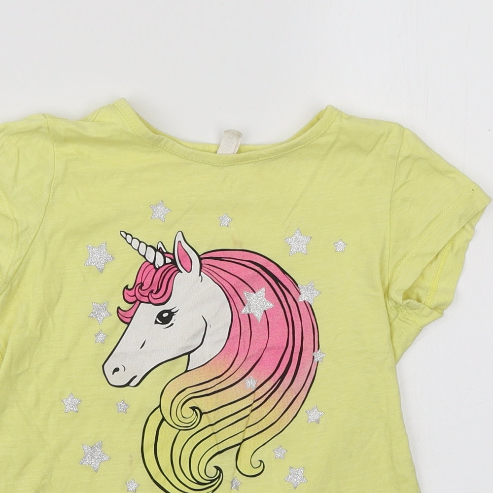 Defacto Girls Yellow Cotton Basic T-Shirt Size 5-6 Years Round Neck Pullover - Unicorn