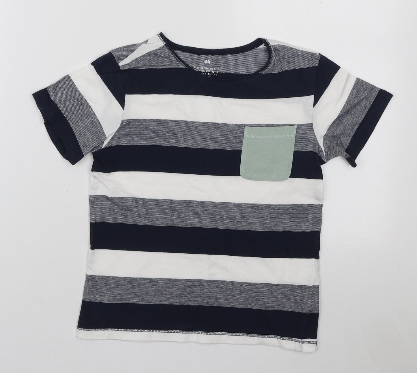 H&M Boys Blue Striped Cotton Basic T-Shirt Size 7-8 Years Round Neck Pullover