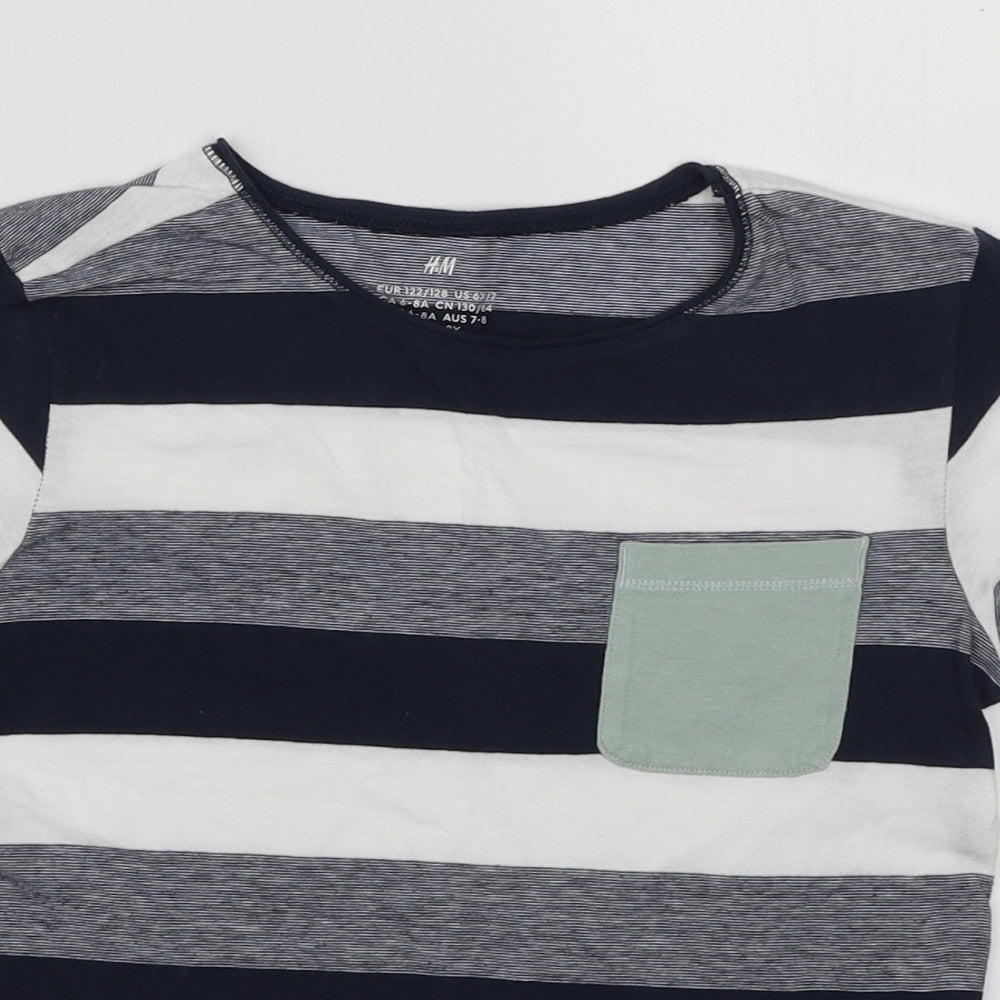 H&M Boys Blue Striped Cotton Basic T-Shirt Size 7-8 Years Round Neck Pullover