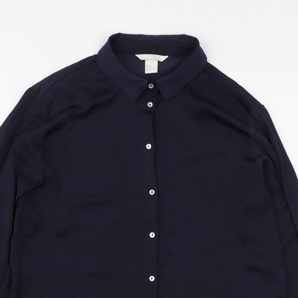 H&M Womens Blue Polyester Basic Button-Up Size M Collared