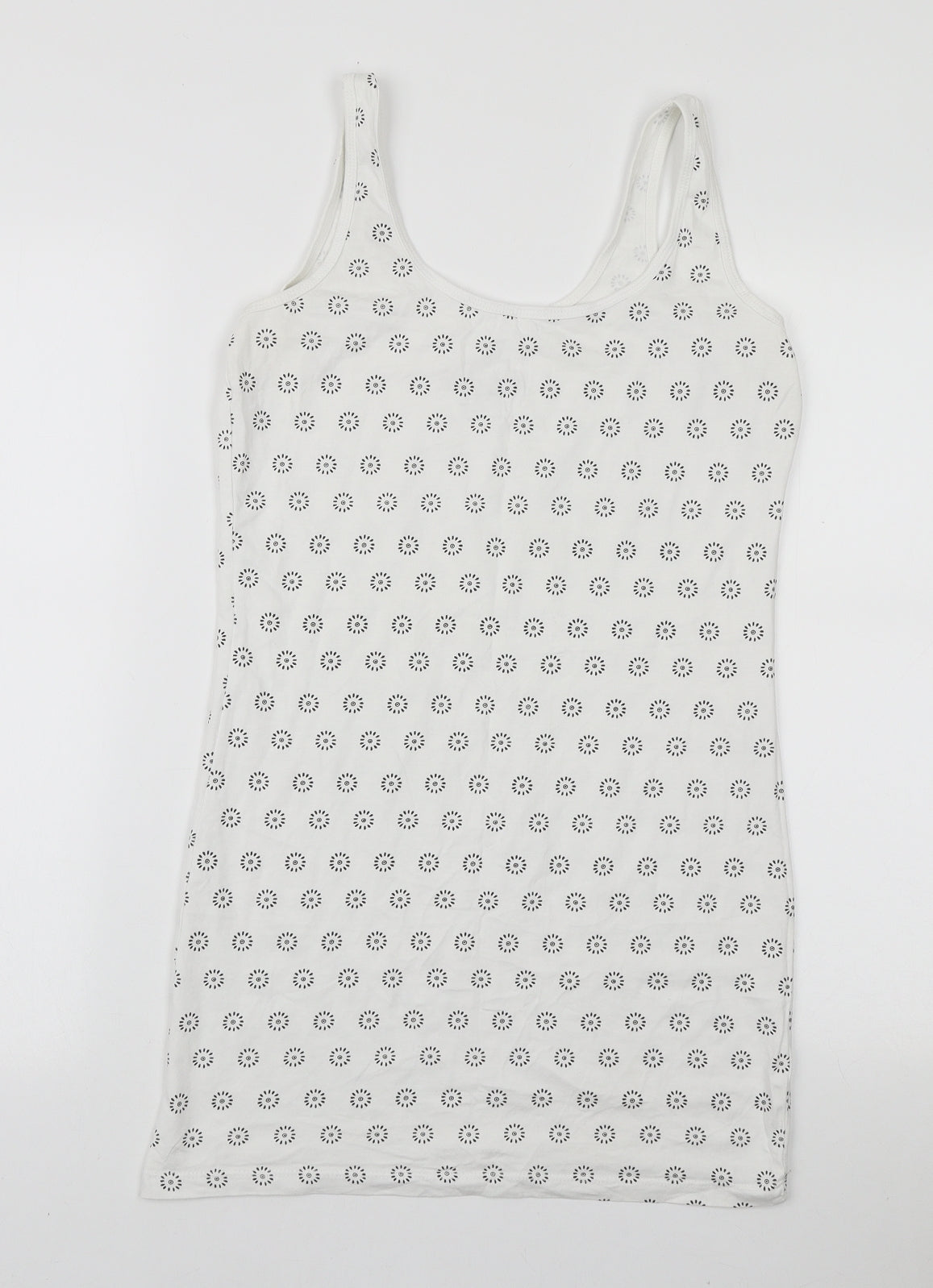 Primark Womens White Geometric Cotton Basic Tank Size 12 Scoop Neck - Longline Vest