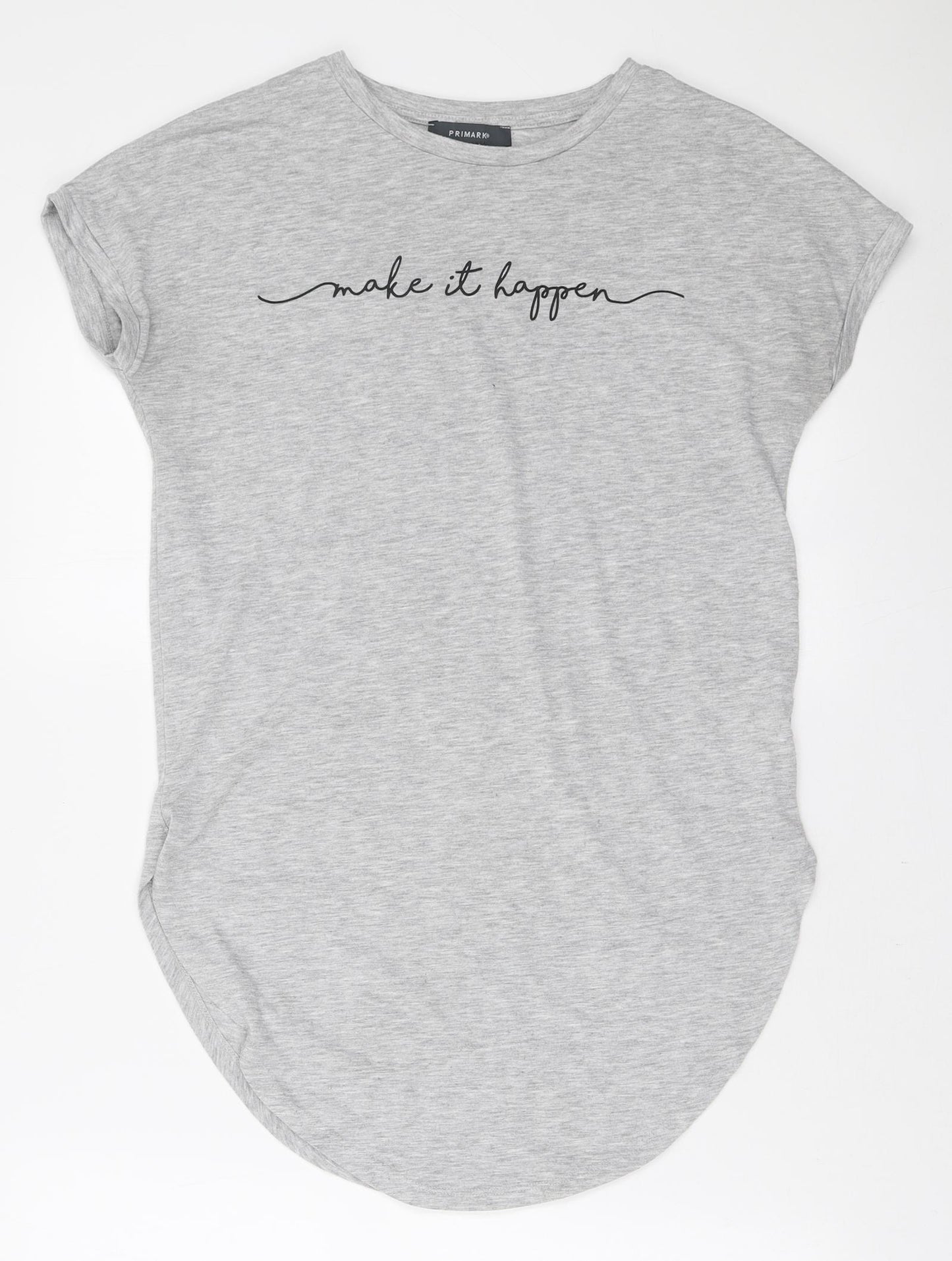 Primark Womens Grey Polyester Basic T-Shirt Size 12 Round Neck - Make it happen, curved hem