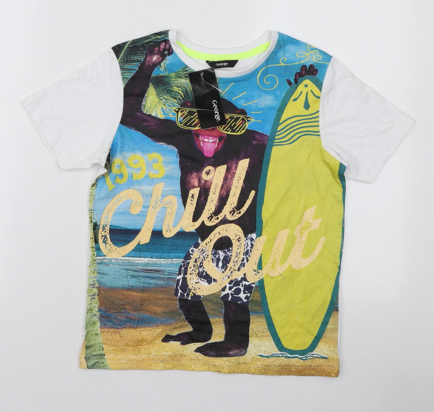 George Boys Multicoloured Cotton Basic T-Shirt Size 8-9 Years Round Neck Pullover - Chill out Surfer Monkey