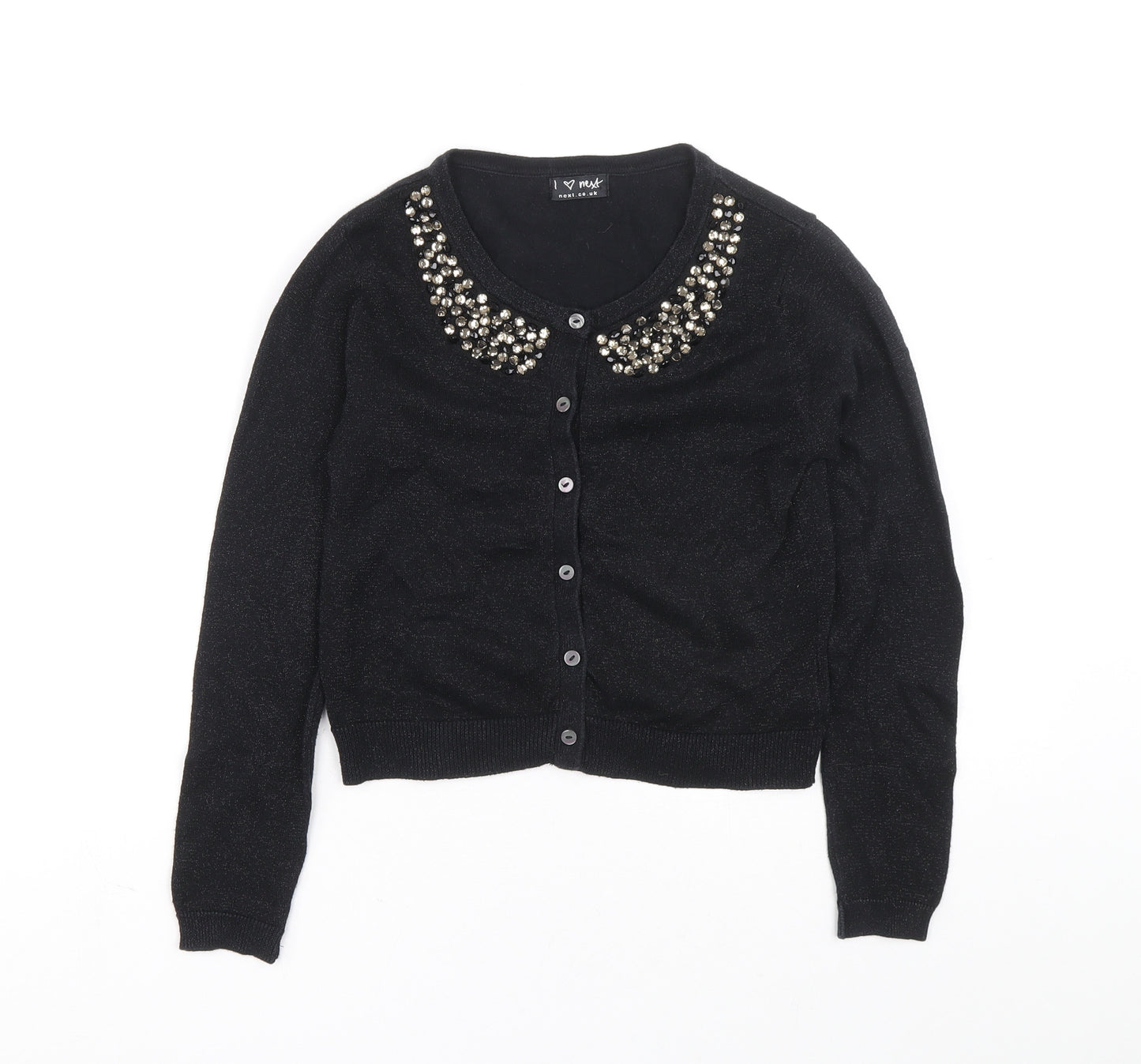 NEXT Girls Black Round Neck Cotton Cardigan Jumper Size 7-8 Years Button