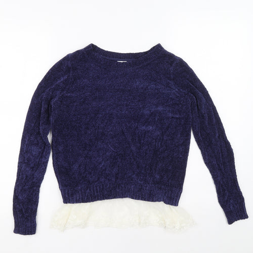 Oh MG Womens Blue Boat Neck Rayon Pullover Jumper Size S - Lace hem