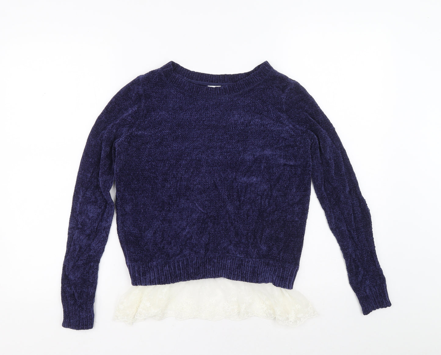 Oh MG Womens Blue Boat Neck Rayon Pullover Jumper Size S - Lace hem