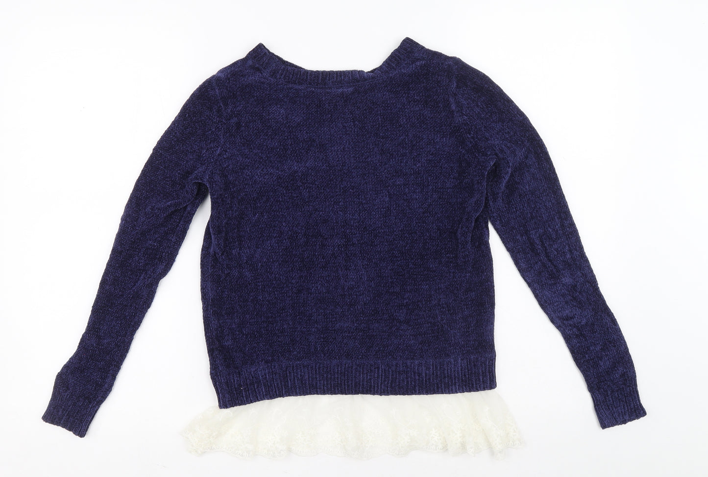 Oh MG Womens Blue Boat Neck Rayon Pullover Jumper Size S - Lace hem