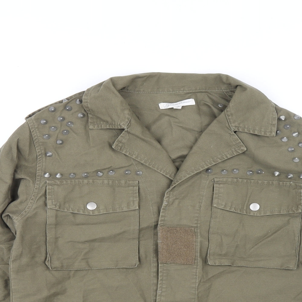 Glamorous Womens Green 100% Cotton Basic Button-Up Size 8 Collared - Studded detail