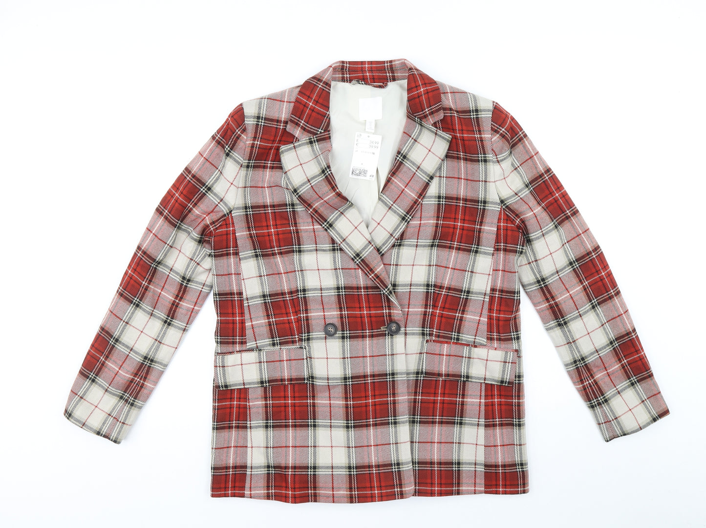 H&M Womens Red Plaid Jacket Blazer Size 16 Button