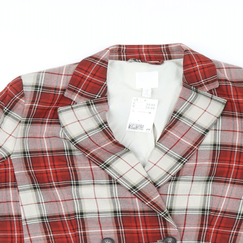 H&M Womens Red Plaid Jacket Blazer Size 16 Button