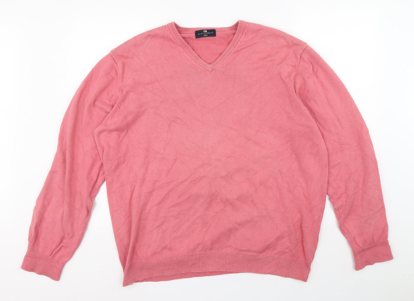 Blue Harbour Mens Pink V-Neck Cotton Pullover Jumper Size XL