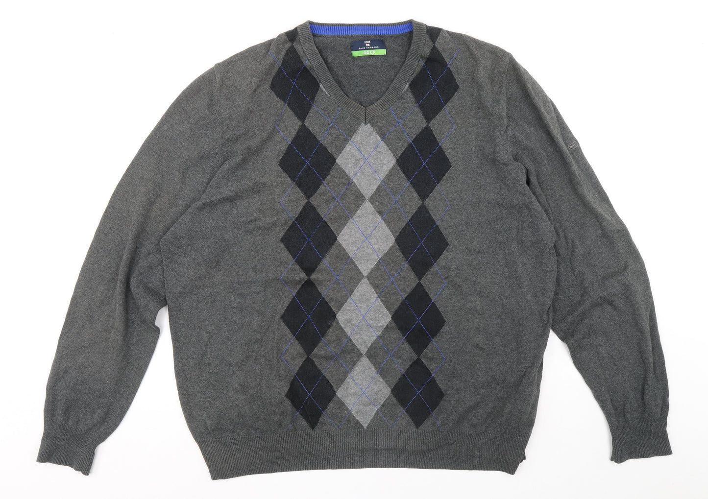 Blue Harbour Mens Grey V-Neck Argyle/Diamond Cotton Pullover Jumper Size XL