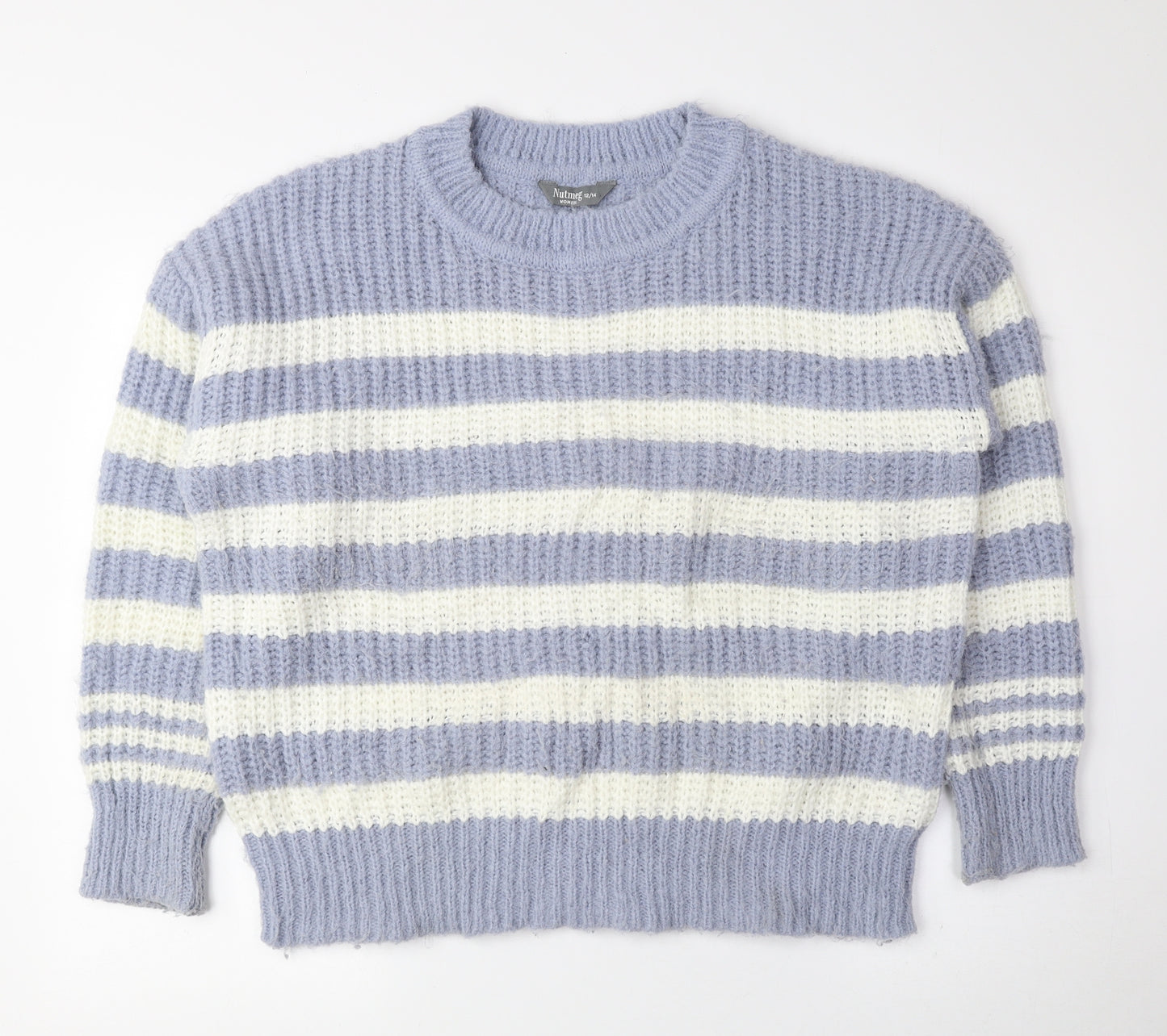 Nutmeg Womens Blue Round Neck Striped Polyester Pullover Jumper Size 12