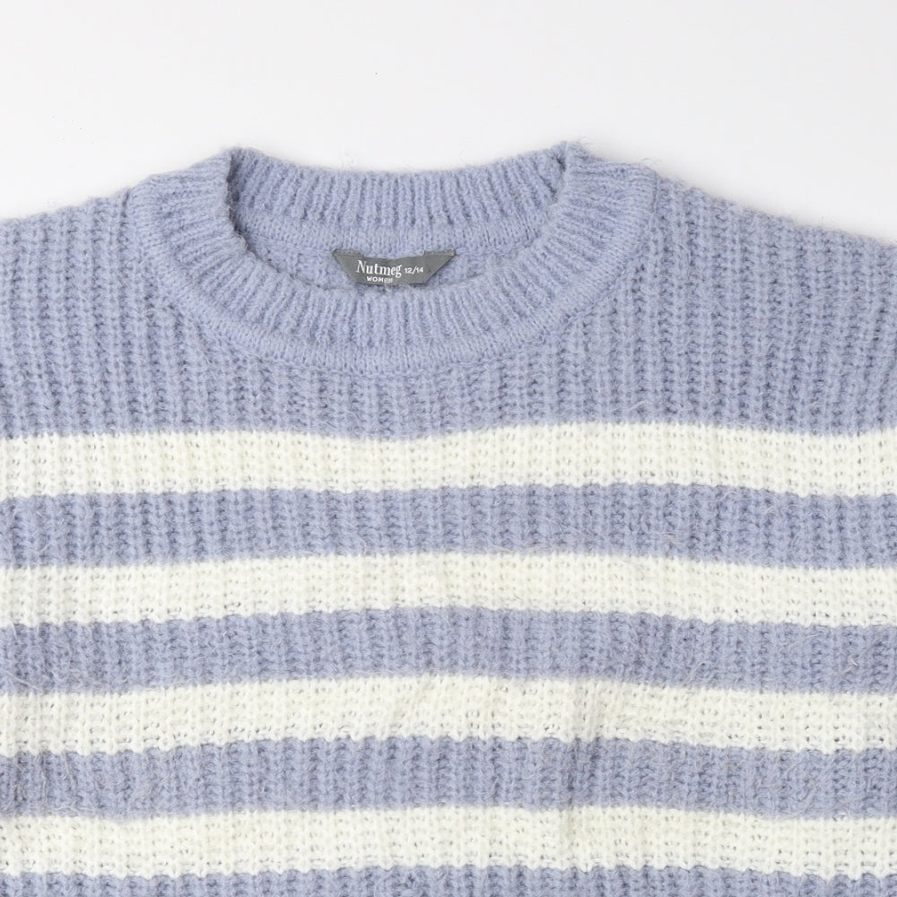 Nutmeg Womens Blue Round Neck Striped Polyester Pullover Jumper Size 12