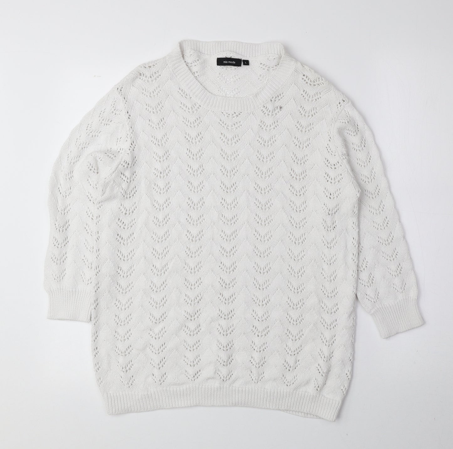 Mia Moda Womens White Round Neck 100% Cotton Pullover Jumper Size L