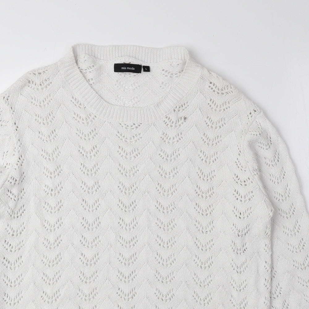 Mia Moda Womens White Round Neck 100% Cotton Pullover Jumper Size L