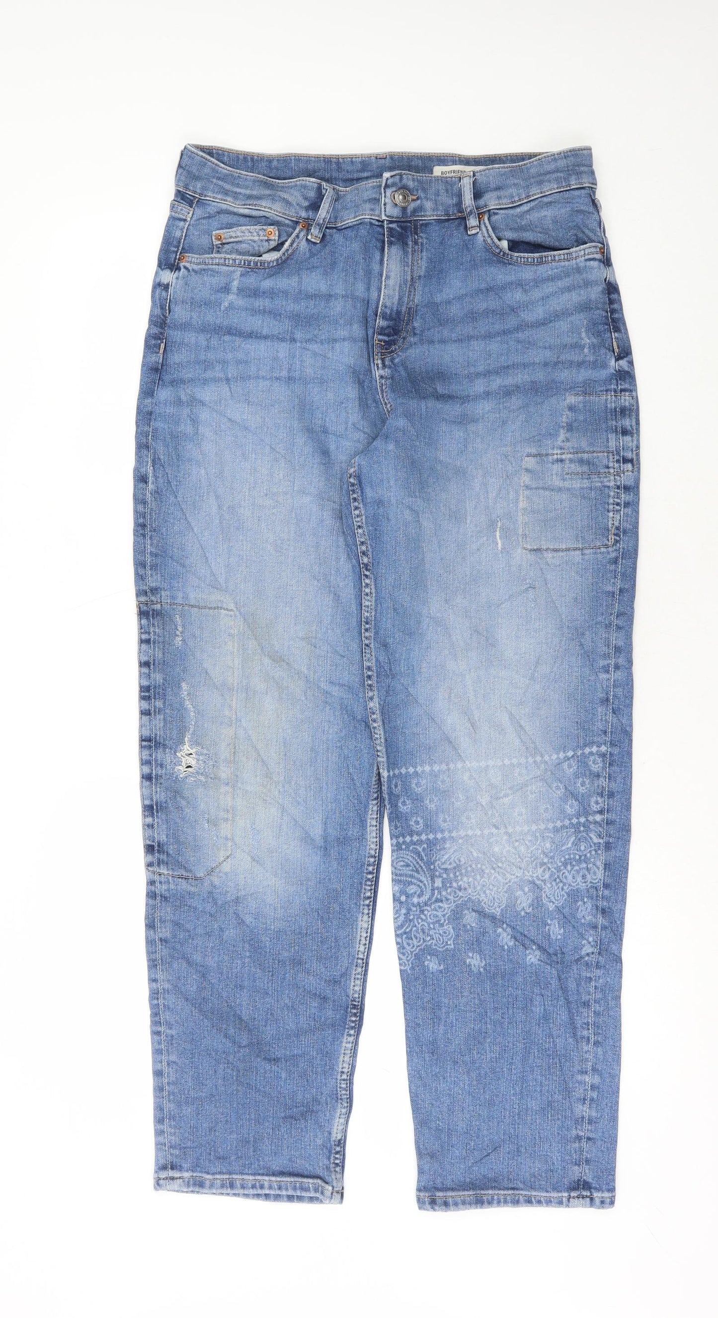 Marks and Spencer Womens Blue Geometric Cotton Boyfriend Jeans Size 14 L30 in Regular Button