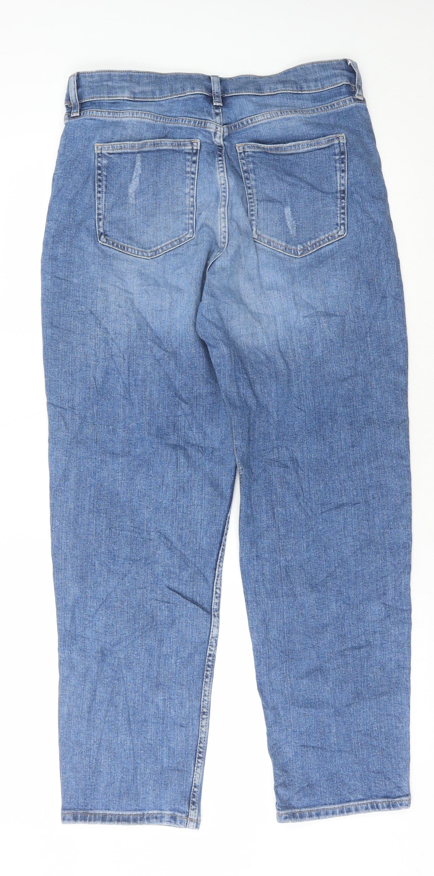 Marks and Spencer Womens Blue Geometric Cotton Boyfriend Jeans Size 14 L30 in Regular Button