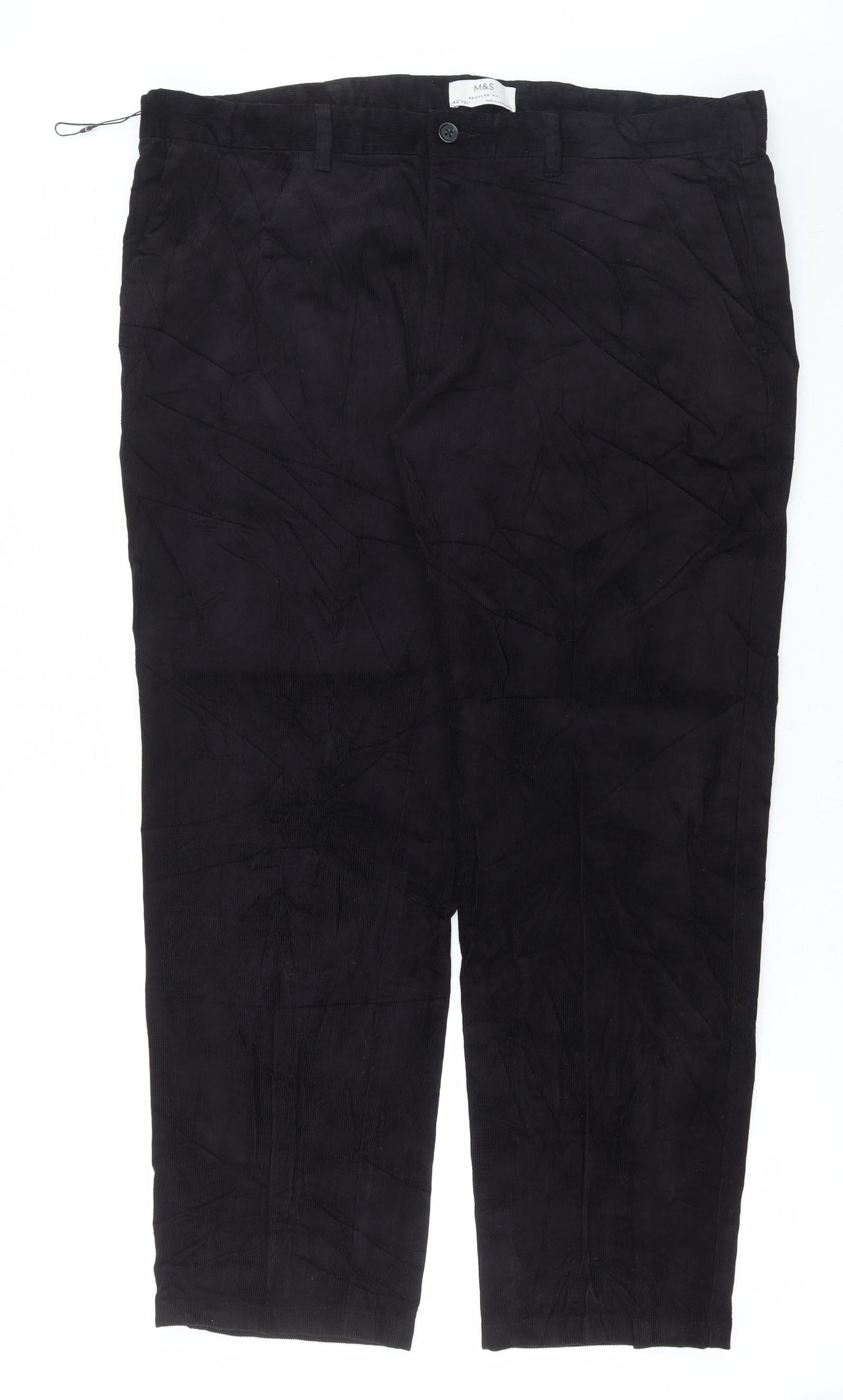 Marks and Spencer Mens Black Cotton Trousers Size 42 in L31 in Regular Button