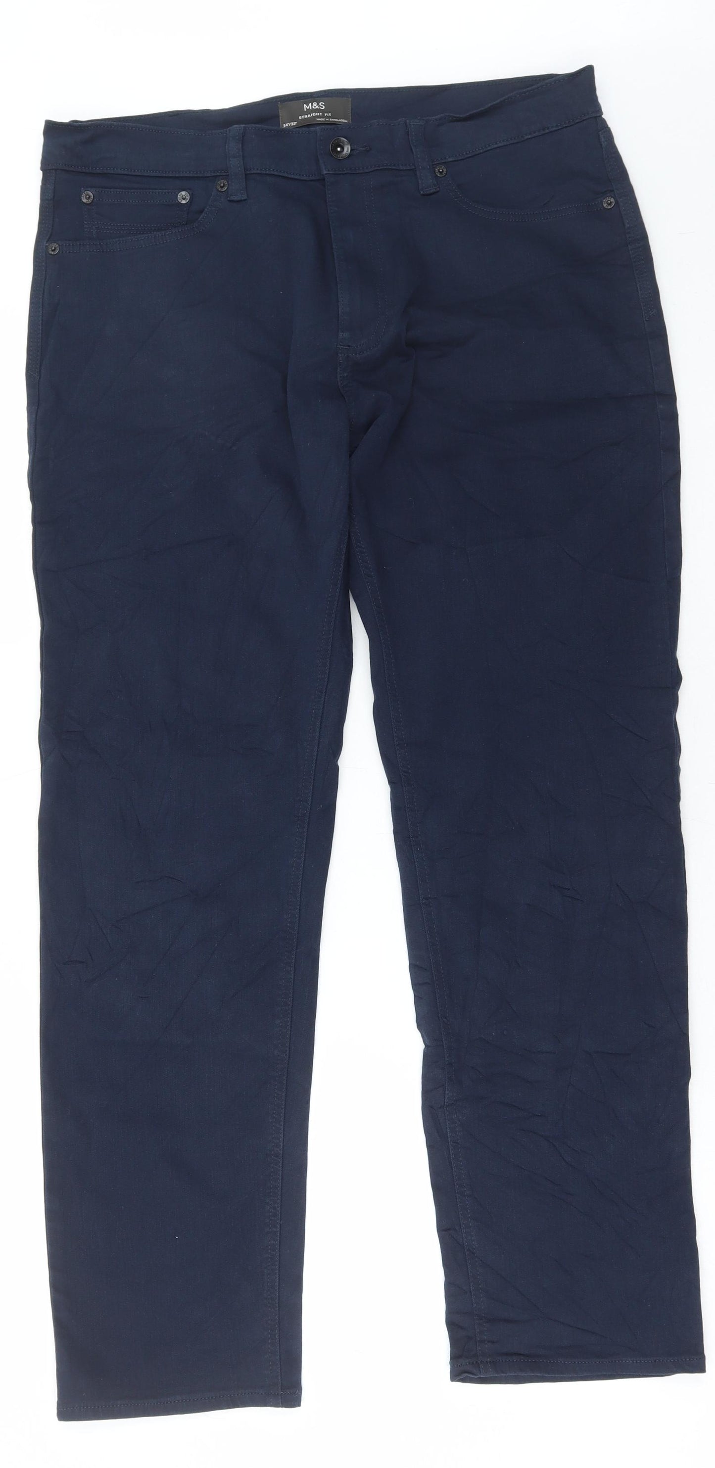 Marks and Spencer Mens Blue Cotton Trousers Size 34 in L33 in Regular Button