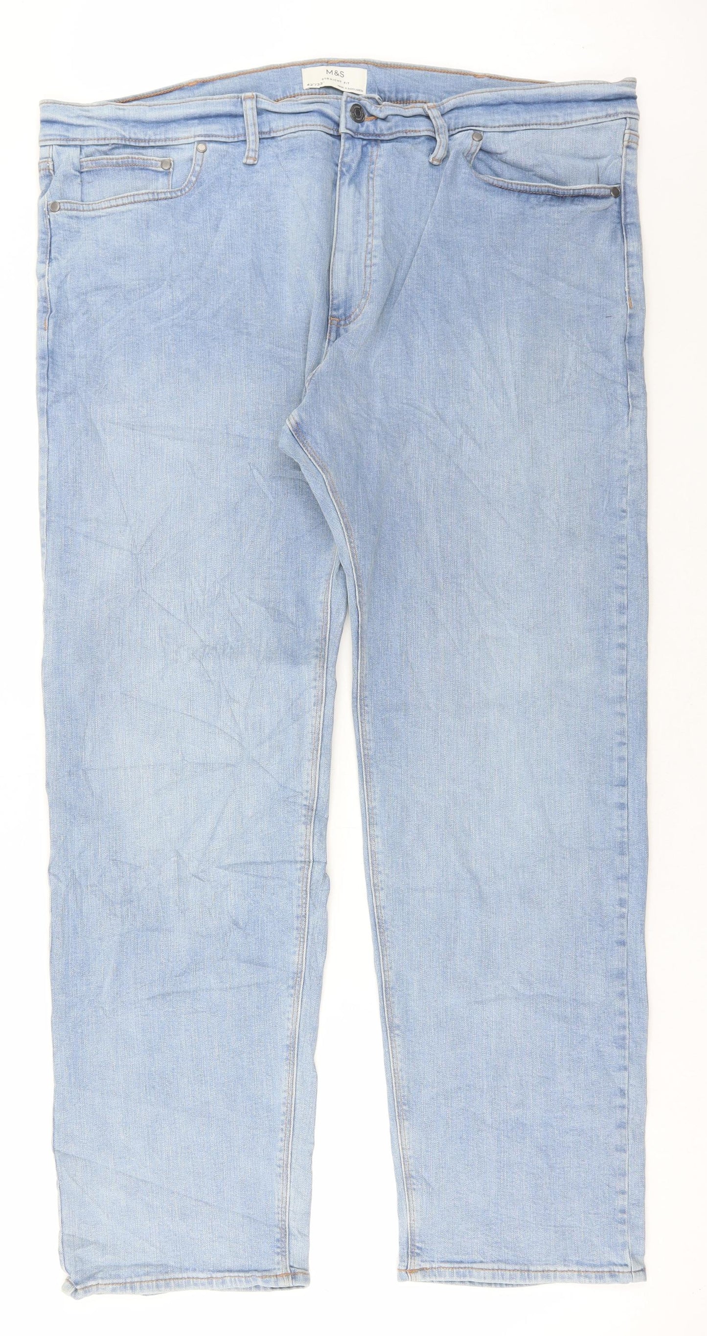 Marks and Spencer Mens Blue Cotton Straight Jeans Size 42 in L33 in Regular Button