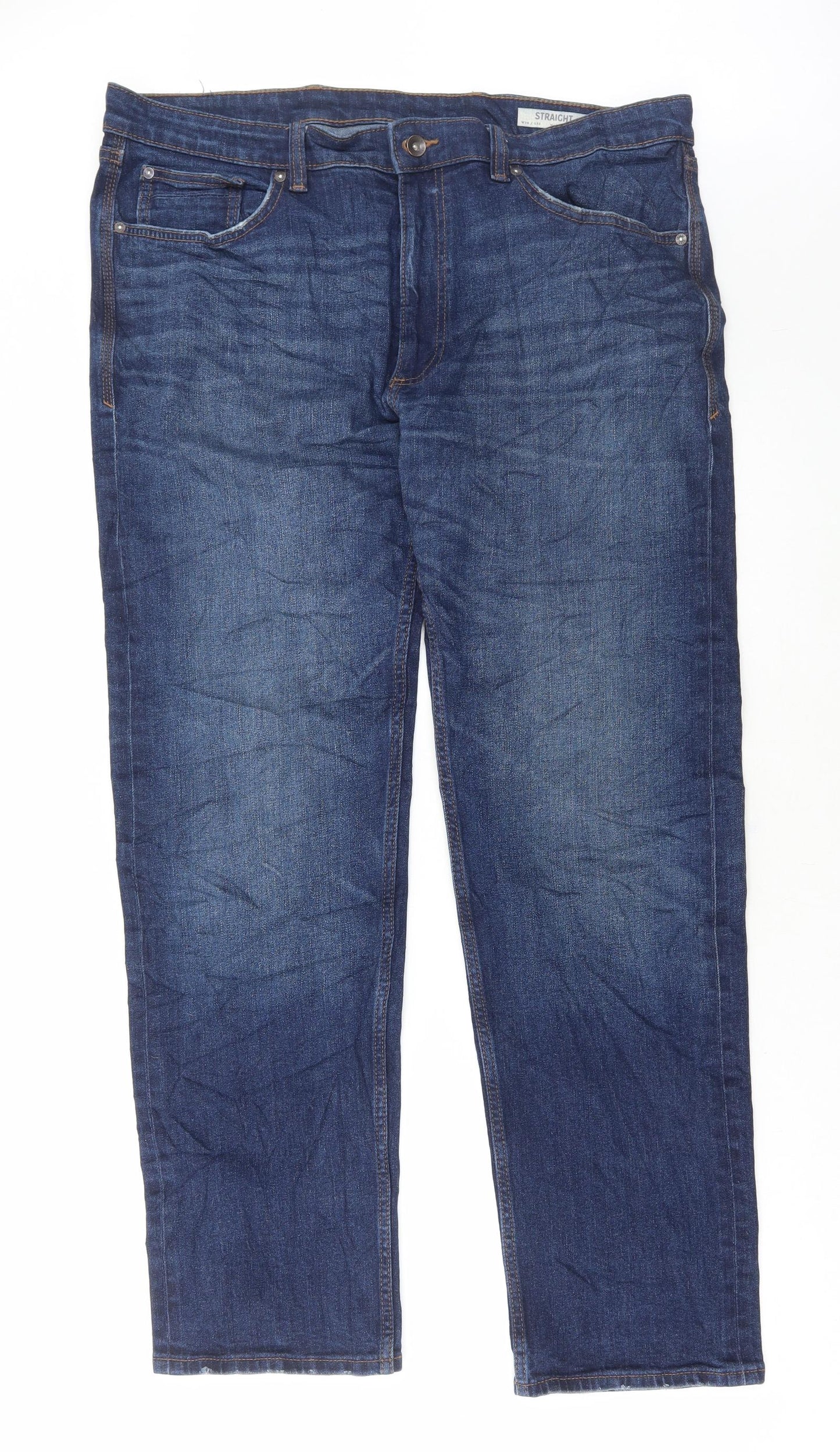 Marks and Spencer Mens Blue Cotton Straight Jeans Size 38 in L33 in Regular Button