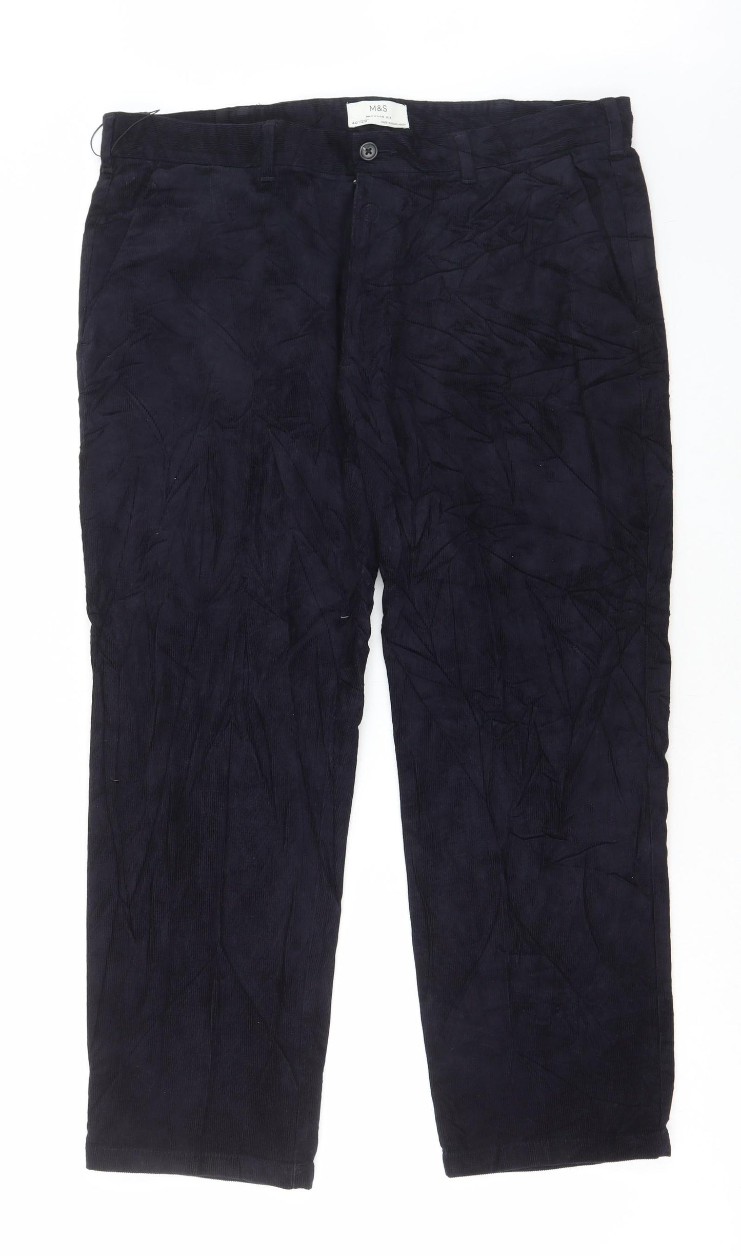 Marks and Spencer Mens Blue Cotton Trousers Size 40 in L29 in Regular Button