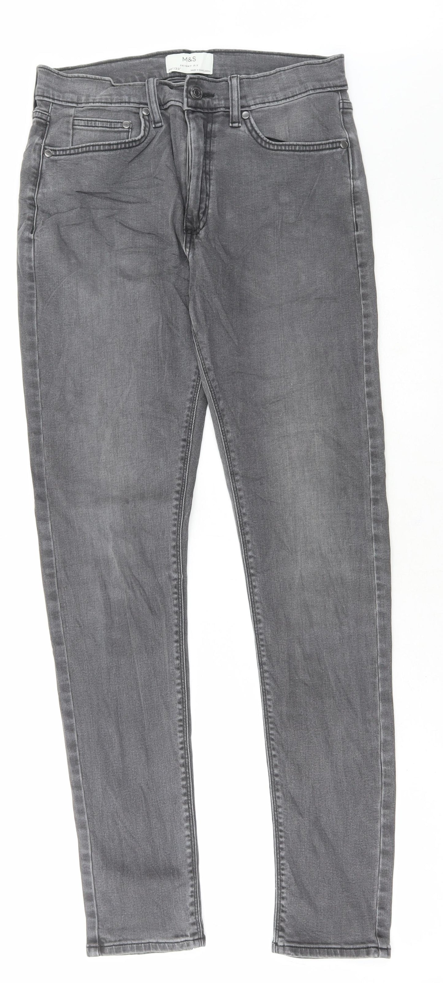 Marks and Spencer Mens Grey Cotton Skinny Jeans Size 30 in L33 in Regular Button