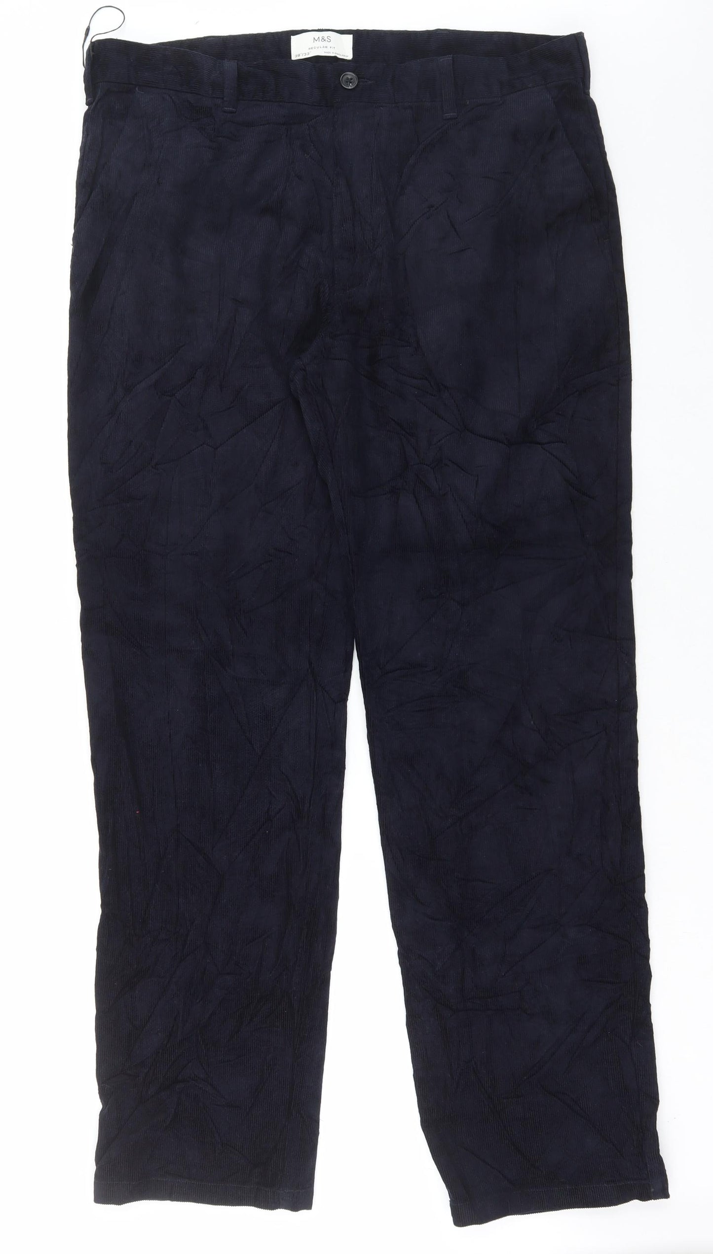 Marks and Spencer Mens Blue Cotton Trousers Size 38 in L33 in Regular Button