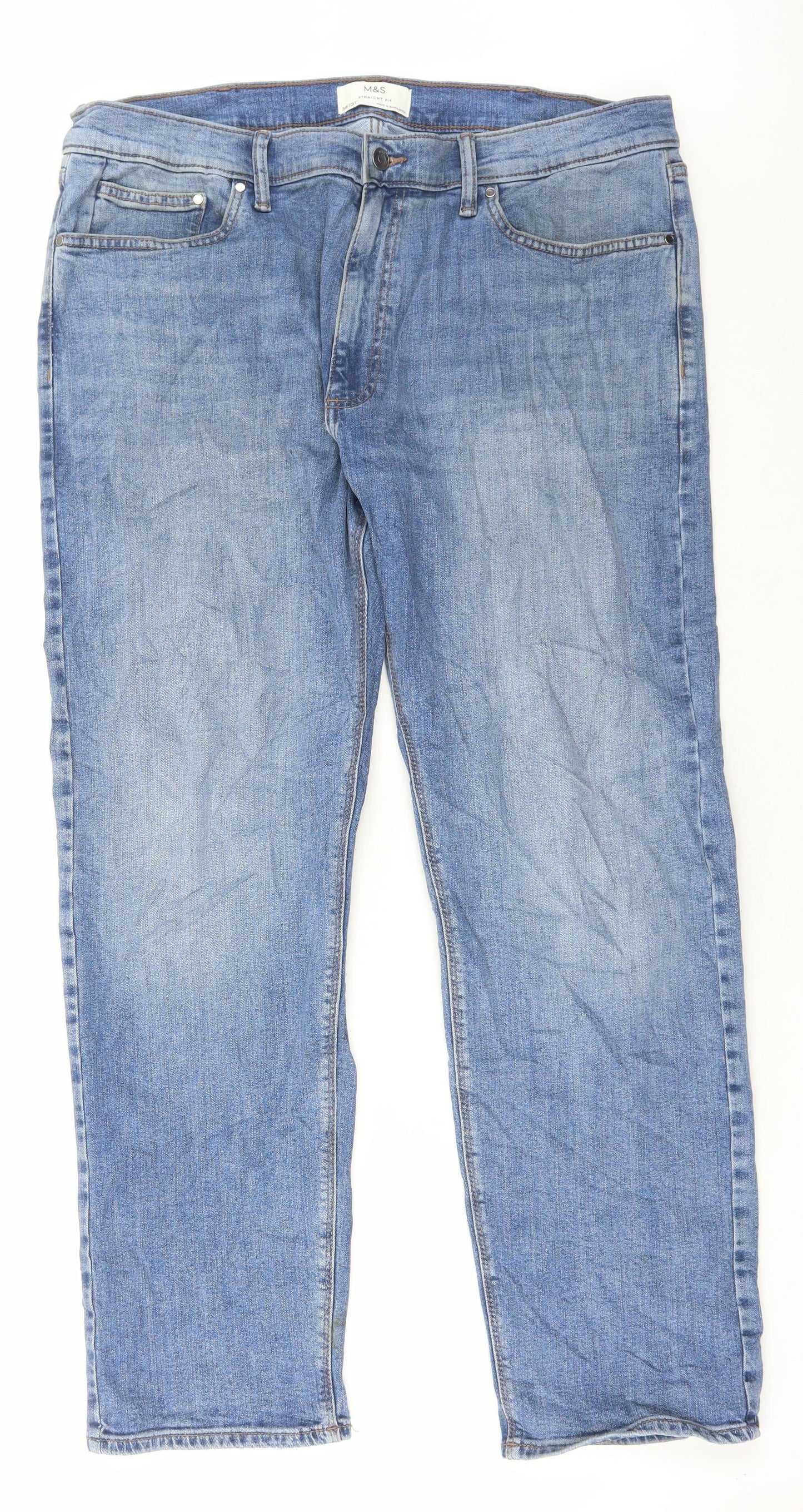 Marks and Spencer Mens Blue Cotton Straight Jeans Size 38 in L31 in Regular Button