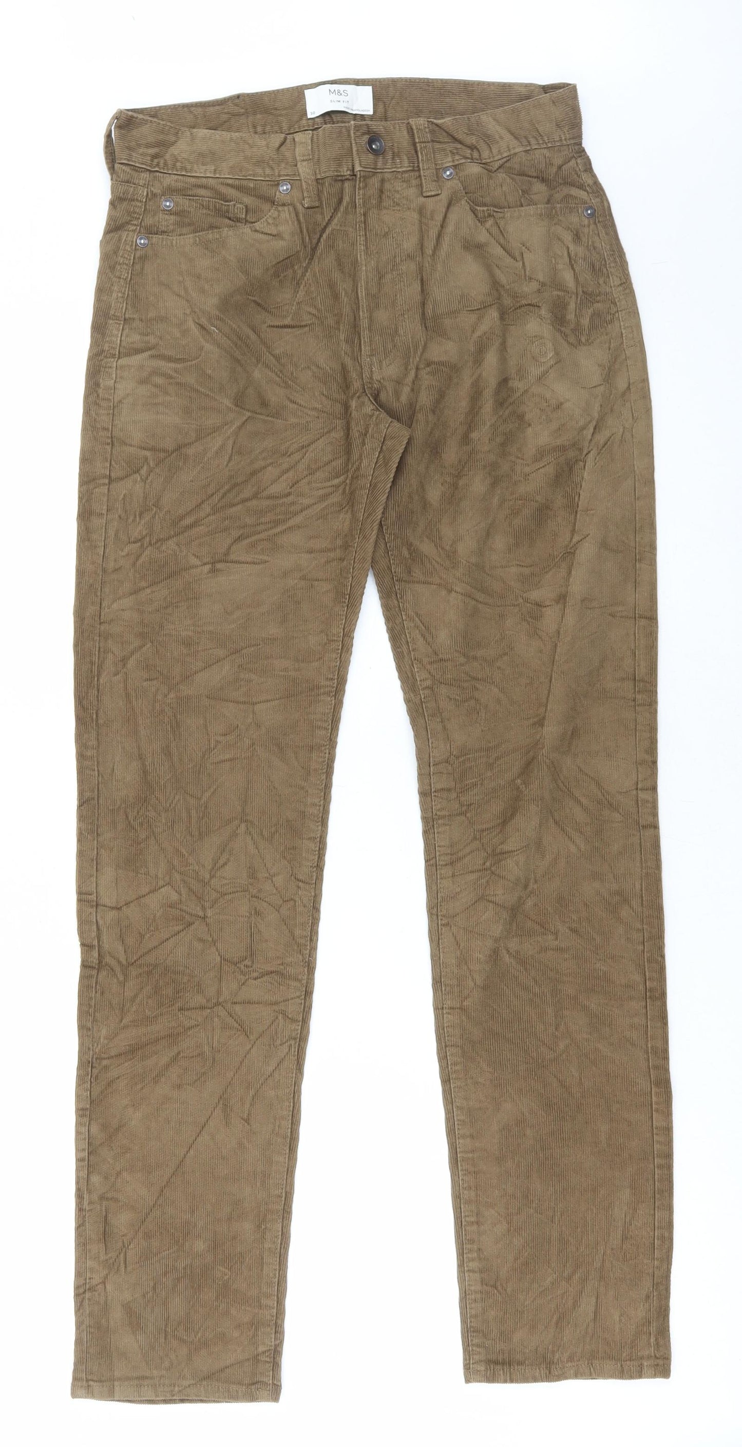 Marks and Spencer Mens Brown Cotton Trousers Size 30 in L32 in Regular Button