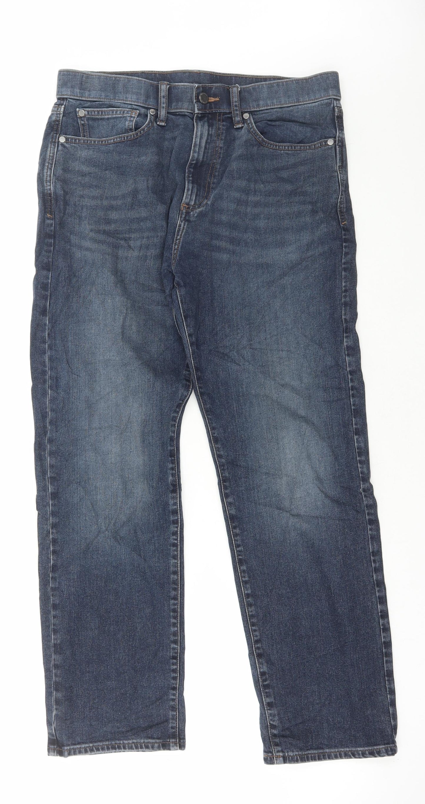 Marks and Spencer Mens Blue Cotton Straight Jeans Size 32 in L29 in Regular Button
