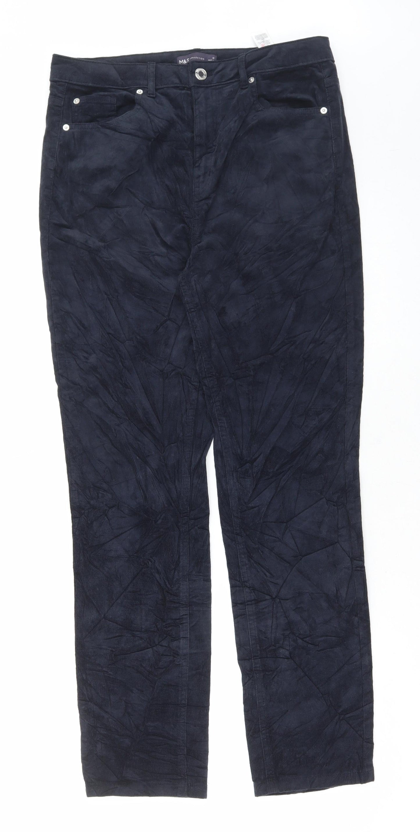 Marks and Spencer Womens Blue Cotton Trousers Size 14 L30 in Regular Button