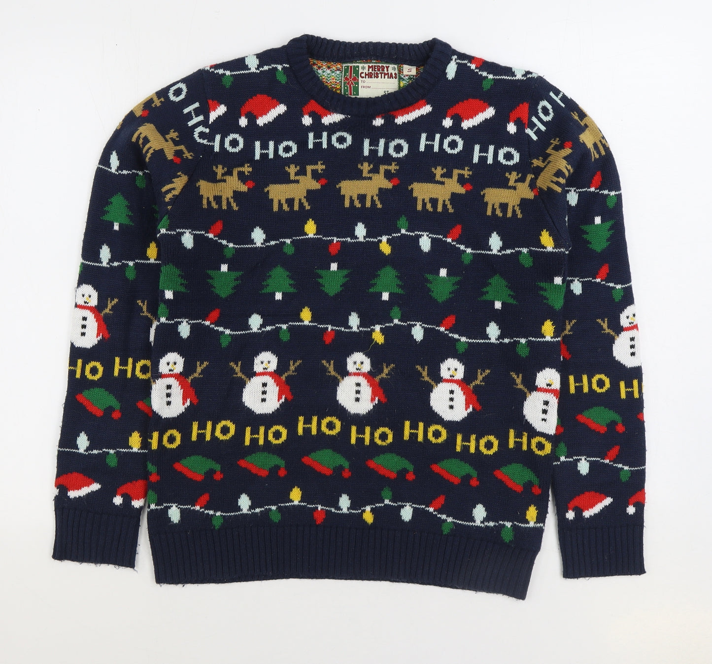 Star Clothing Mens Multicoloured Round Neck Geometric Acrylic Pullover Jumper Size S - Christmas