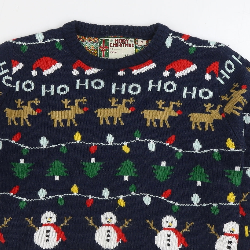 Star Clothing Mens Multicoloured Round Neck Geometric Acrylic Pullover Jumper Size S - Christmas