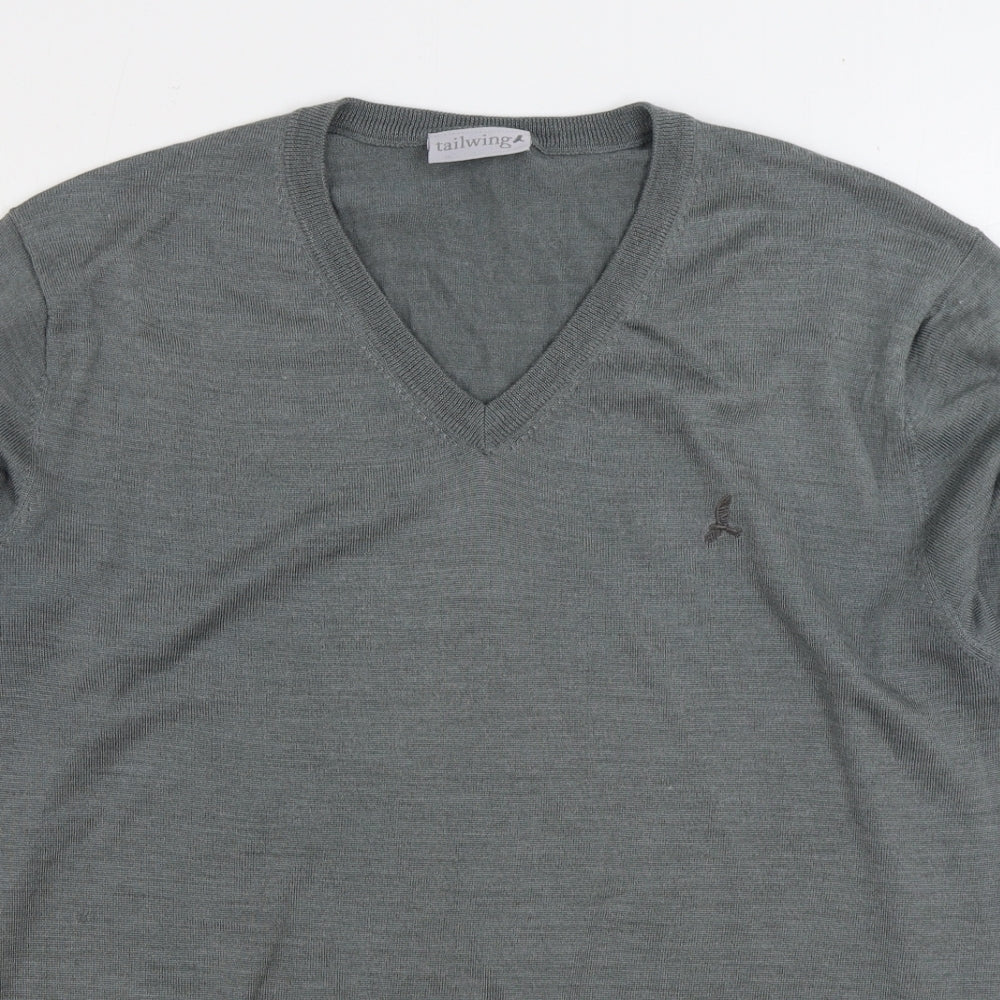 Tailwing Mens Grey V-Neck Acrylic Pullover Jumper Size 2XL